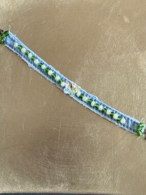 Boho Bracelet Upcycled Chambray Denim Butterfly Crystal Green Blue